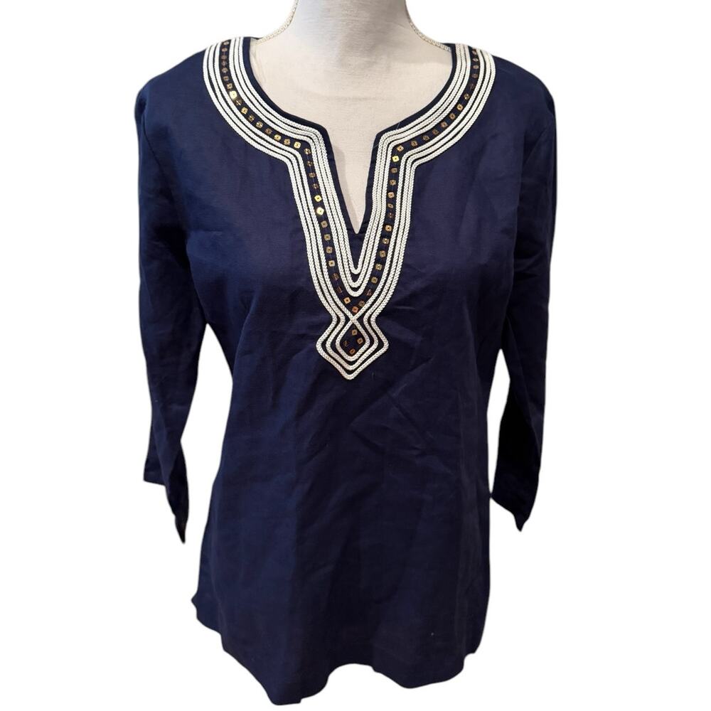 Pappagallo Tunic Top Beaded Embellished neckline Navy Blue S